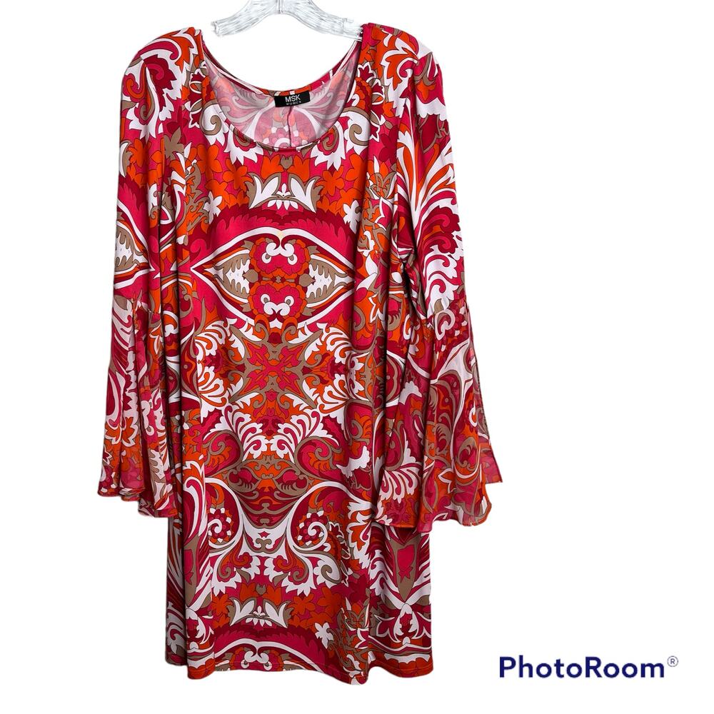 MSK Sheath Women Bell Sleeve Retro Orange Dress Size Large
